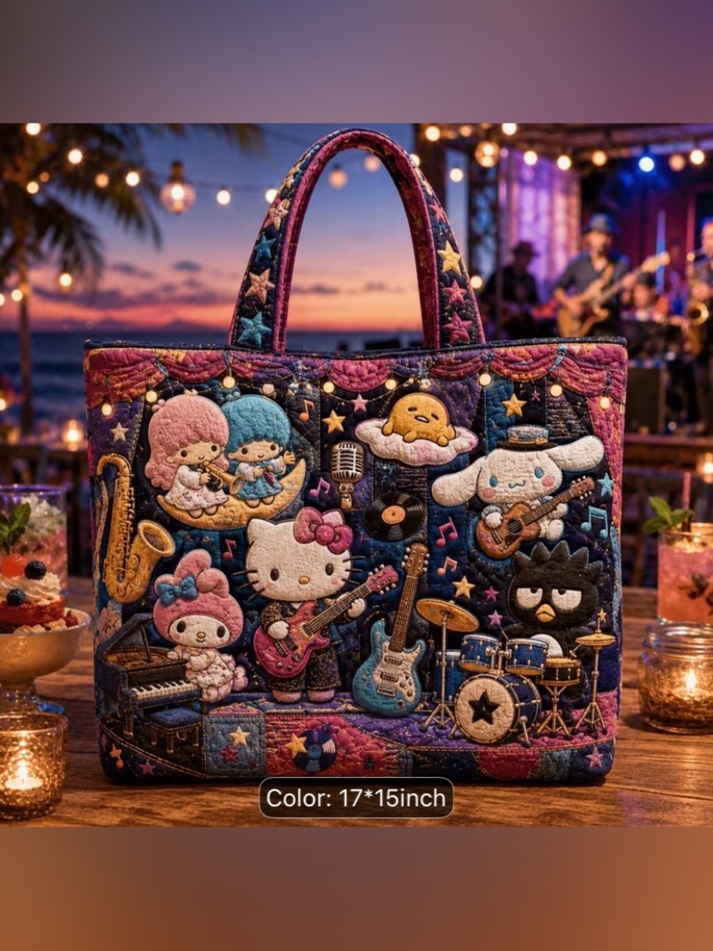 Hello Kitty Band Quilted Tote Bag in Navy Multi